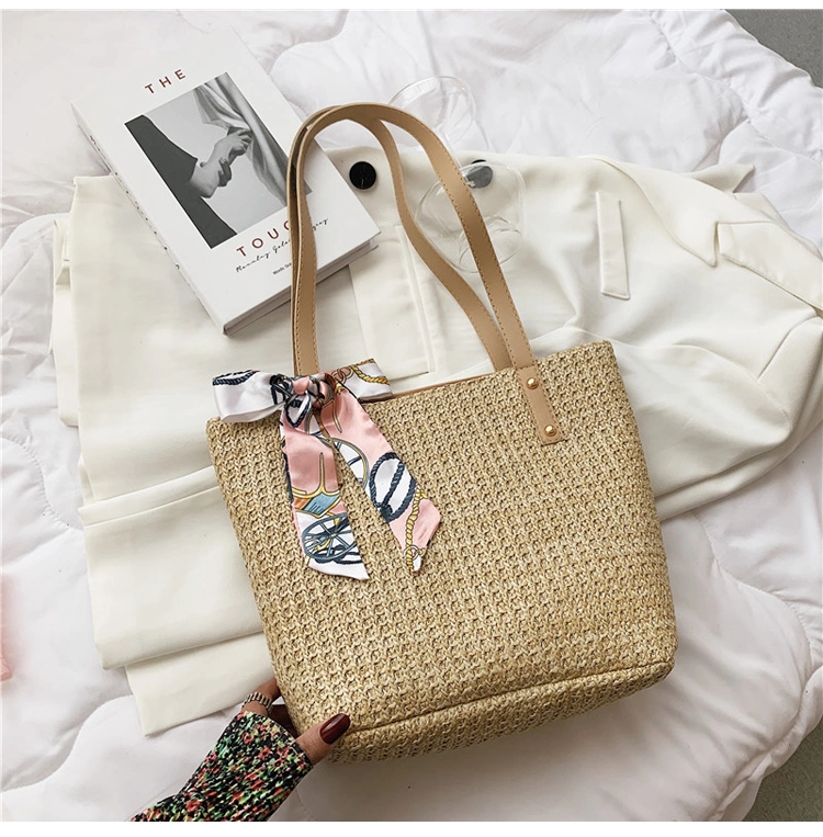 Ladies Summer Casual Straw Woven Top-Handle Handbag Vintage Silk Ribbon Large Capacity Shoulder Underarm Shoulder Bags for Women