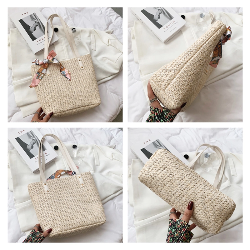 Ladies Summer Casual Straw Woven Top-Handle Handbag Vintage Silk Ribbon Large Capacity Shoulder Underarm Shoulder Bags for Women